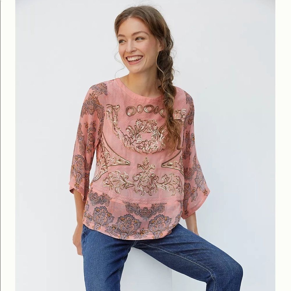 NWT Anthropologie Ignacia Sheer Sequined Blouse Medium B-1155